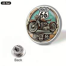 1pc 2D Flat 66 Route Motorcycle Brooch, Stainless Steel Material, Round Glass Top, Unique Creative Accessory Suitable For Backpacks, Clothes, Collars And Hats - A - View 3