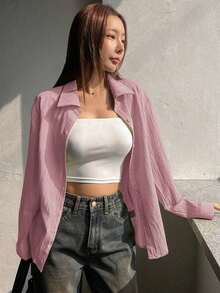 Camisa de mujer de manga larga de unicolor casual, para primavera y otoño, blusas de manga larga estilo Y2K, ropa de mujer de otoño - Rosa - Ver 5