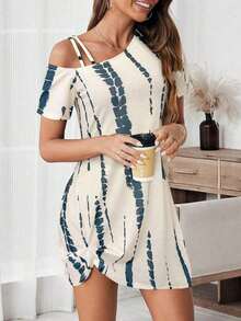 Vestido corto de manga corta casual para mujer, básico para salidas diarias, con nudo en el bajo, para primavera/verano - Multicolor - Ver 6