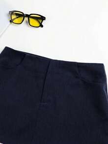 Falda Mini Recta Negra De Cintura Baja Y Sólido Para Verano - Azul marino - Ver 4