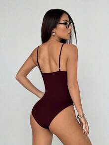 de mujer de estilo minimalista y elegante con cuello bajo en unicolor, adecuado para primavera/verano, estilo europeo y americano - Burdeos - Ver 2