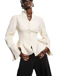 2026 Nueva Moda Minimalista Primavera/Verano Elegante Blazer Ajustado de Cintura Caqui para Mujer, Camisa de Negocios para Damas, Adecuado para el Trabajo, Se Puede Usar como Blazer, Blusa, Uniforme de Trabajo/Casual de Negocios/Atuendo de Oficina - Albaricoque - Ver 10