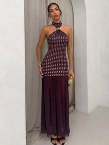 Vestido de mujer con estampado de lunares y parches en el cuello halter - Marrón - Ver 5
