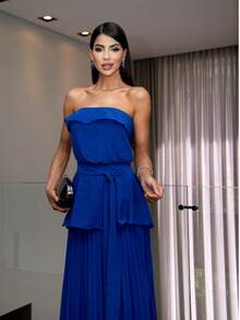 Long Strapless Chiffon Party Dress Without Glitter For Bridesmaids At A Daytime Wedding. - 寶藍色 - 查看 5