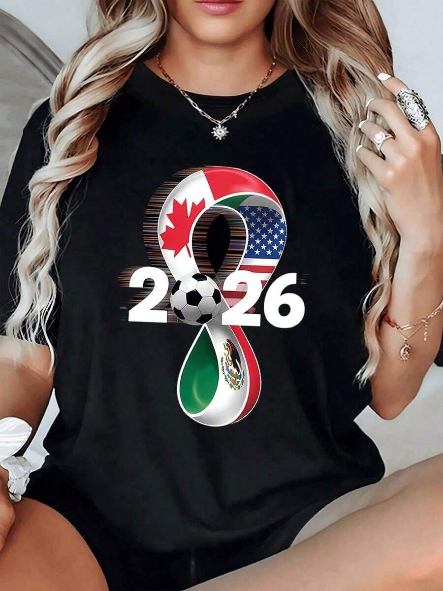 Symbol Of North American Unity With Soccer Ball And Flags Of Mexico, The United States, And Canada Celebrating The Sporting Passion Of 2026. Women's Printed T-Shirt, Comfortable, Casual, Modern. - 黑色 - 查看 1