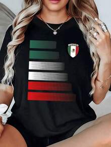 Símbolos patrios de México con águila y franjas en tonos verde blanco y rojo que representan fuerza unidad y orgullo nacional en un estilo moderno y elegante camiseta de mujer casual cómoda para uso diario - Negro - Ver 7