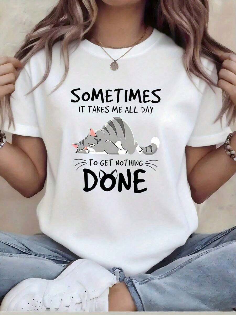 Camiseta moderna y minimalista para mujer con diseño de anime japonés - Camiseta blanca de manga corta con estampado de gato Pu Pu y texto en japonés (estilo manga lindo) - Camiseta casual de verano, adecuada para uso en casa y para el tiempo libre - Divertidos personajes de anime y frases japonesas para uso diario informal. - Blanco - Ver 1