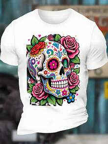 Camiseta del Día de los Muertos con Calavera de Azúcar - Estampado floral brillante de calaveras, camiseta con diseño de estilo mexicano, ropa para celebrar el Día de los Muertos, camiseta casual de cuello redondo, camiseta de verano cómoda y transpirable - Regalo perfecto para Halloween y festivales de otoño, corte regular de manga corta para adultos, adecuada para todas las estaciones, diseño floral festivo con rosas y calaveras coloridas, ideal para eventos culturales y uso diario, camiseta de Halloween para hombre, ropa festiva. Camiseta básica de moda para el día a día. - Blanco - Ver 1