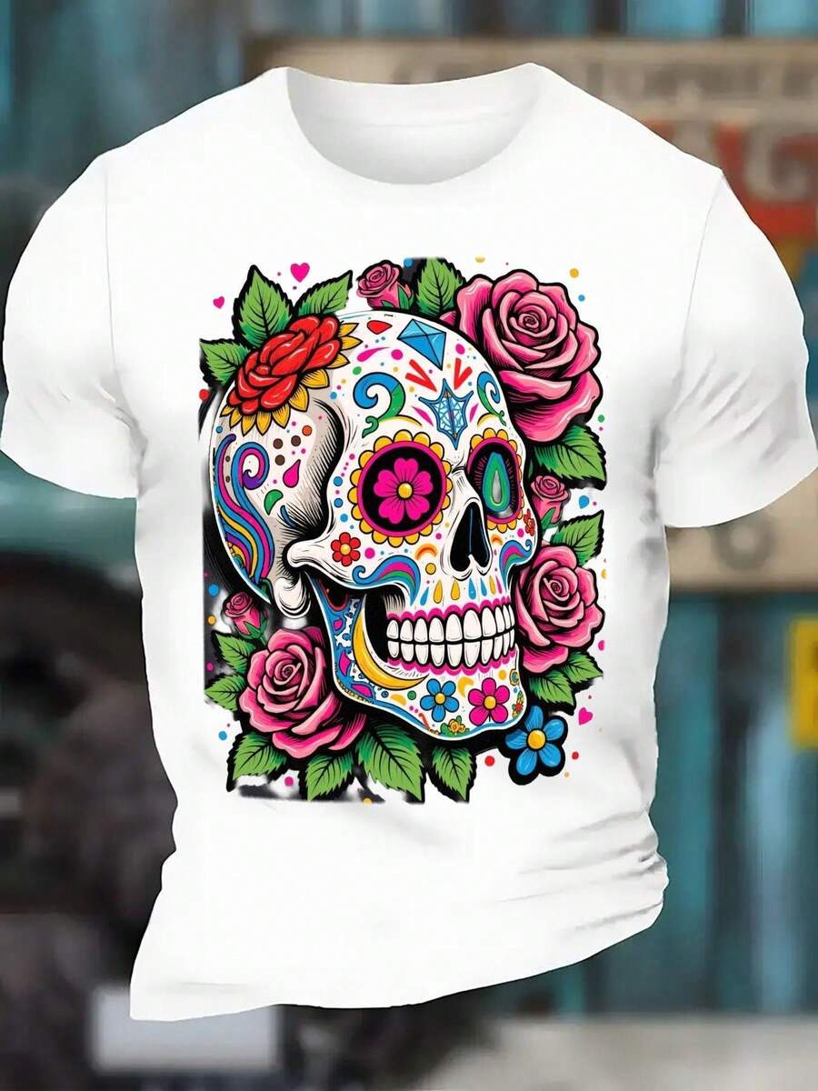 Camiseta del Día de los Muertos con Calavera de Azúcar - Estampado floral brillante de calaveras, camiseta con diseño de estilo mexicano, ropa para celebrar el Día de los Muertos, camiseta casual de cuello redondo, camiseta de verano cómoda y transpirable - Regalo perfecto para Halloween y festivales de otoño, corte regular de manga corta para adultos, adecuada para todas las estaciones, diseño floral festivo con rosas y calaveras coloridas, ideal para eventos culturales y uso diario, camiseta de Halloween para hombre, ropa festiva. Camiseta básica de moda para el día a día. - Blanco - Ver 1
