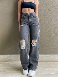 Women's Wide Leg Jeans, High Waist, Butt Lifting Design - Garafite Rasgada - 查看 1