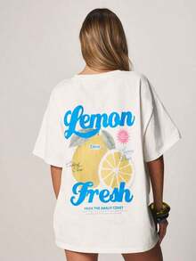Short-Sleeved T-Shirt With Round Neck And Fresh Lemon Print On The Back, Casual Summer Style, Made Of Pure Cotton. - White - View 5