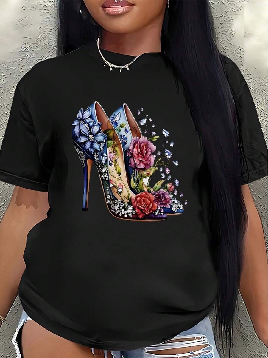 Polyester Short-Sleeved T-Shirt With A Floral Design On The Back, Lightweight And Durable, Suitable For Home, Restaurants, Or Outdoor Leisure Occasions; Stylish And Comfortable For Everyday Wear. Women's Blouses > Clothing - 黑色 - 查看 1