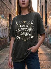 Plus Size Vintage Washed Crew Neck Tee With Dragon & Mountain Letter Print, Fantasy Style Top For Daily Commute Party Spring Summer Autumn Casual - Black - View 8