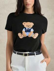 Camiseta de manga corta de uso diario versátil y casual con cuello redondo y bordado de oso para mujer, atuendos de verano, atuendos de verano para mujer, atuendos de San Valentín para mujer, atuendos de playa, blusas para salir, camisetas gráficas para mujer - Negro - Ver 7