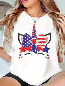 Women's Patriotic Unicorn Casual T-Shirt, American Flag Design, Summer Gift For Her, 220g, Women's T-Shirts - 白色 - 查看 5