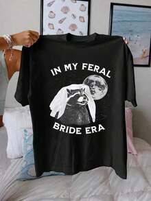 Women's 100% Cotton Heavyweight Funny Wedding T-Shirt With "In My Bridal Era" Print - Raccoon Graphic Bridal T-Shirt With Flared Hem, Lightweight Outfit For Everyday Wear And Bachelorette Parties, Funny Animal Lover Tee, Summer Casual Wear, Hit Of . - 黑色 - 查看 7