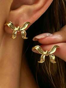 HOTNICE Khuyên tai nữ hình nơ thanh lịch - Thiết kế tối giản, trang sức thời trang ít gây dị ứng. - Vàng - Xem 1