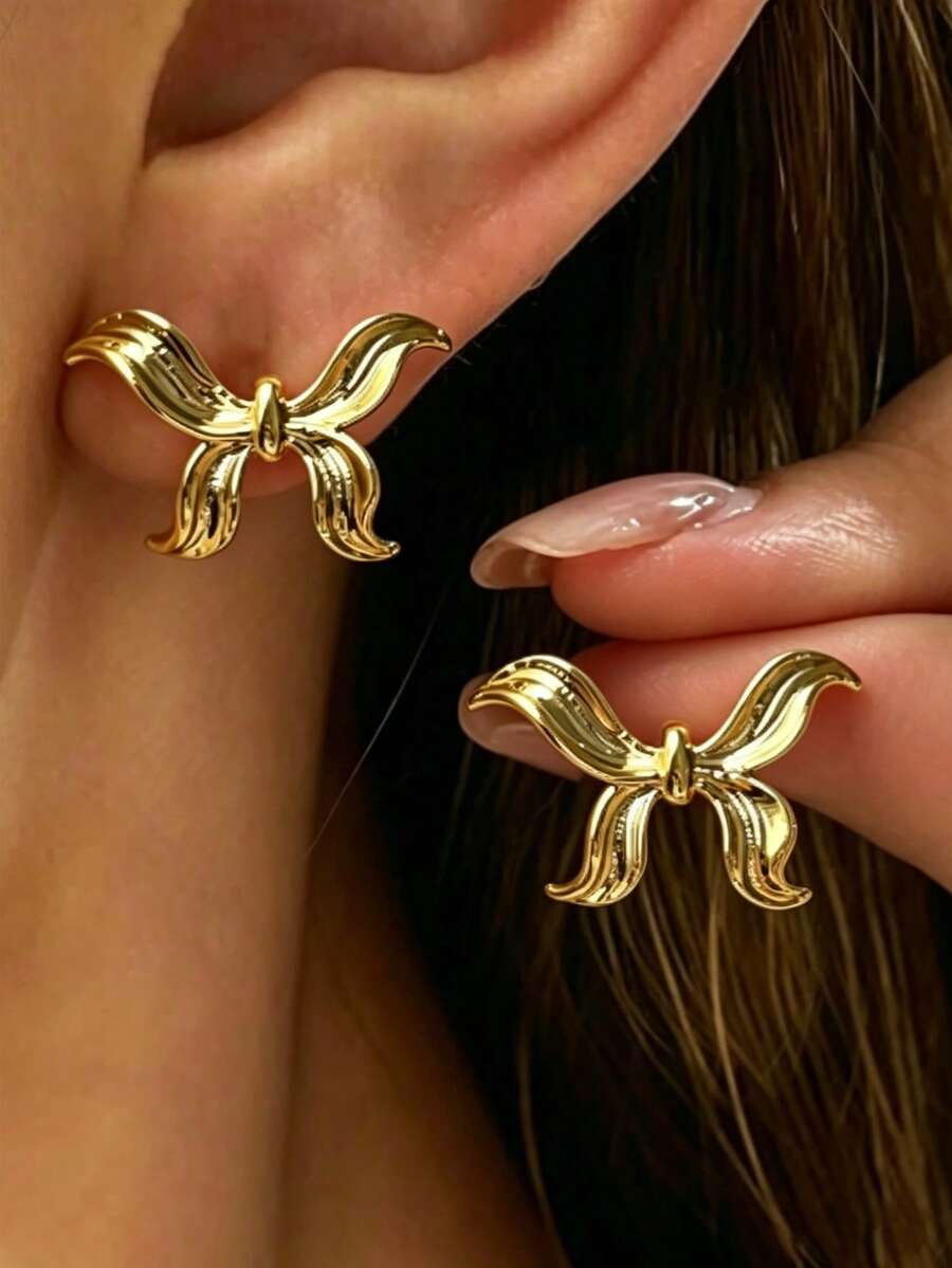 HOTNICE Khuyên tai nữ hình nơ thanh lịch - Thiết kế tối giản, trang sức thời trang ít gây dị ứng. - Vàng - Xem 1
