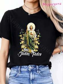 2026Camiseta de manga corta suelta de algodón 100% para mujeres con estampado de rosa y  Tadeo, camiseta cristiana, moda con cuello de crew, lavable a máquina, casual perfecta para todas las estaciones2026 - Negro - Ver 1