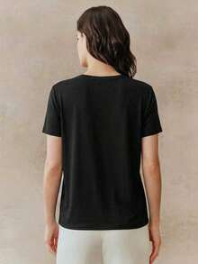 Women's Short-Sleeved Knit Blouse With A Round Neck And Floral Mesh Print, Ideal For Holidays And Casual Spring Wear - 黑色 - 查看 7