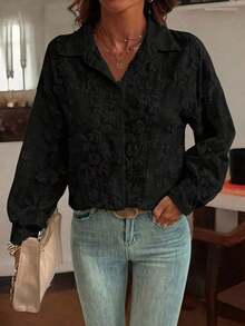 Blusa casual holgada con bordado para mujer EARO, versátil para uso diario en primavera/verano - Negro - Ver 5