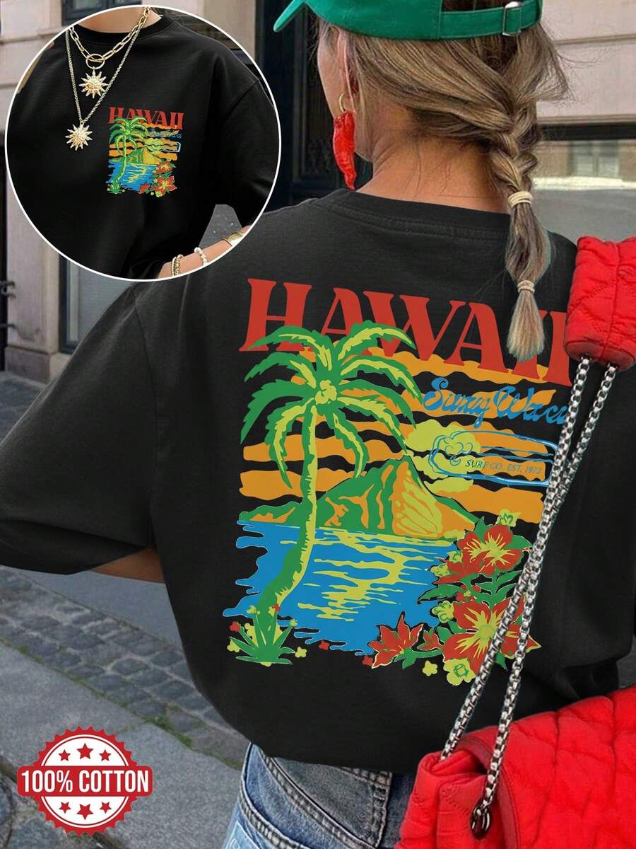 [Double-Sided Print] Women's Summer Casual T-Shirt, Tropical Style With Palm Tree Print, HAWAII, Sunny Waves, SURF CO EST, Short Sleeve, Round Neck, Pure Cotton, Plus Size, Drop Shoulders[LangK] - 黑色 - 查看 1
