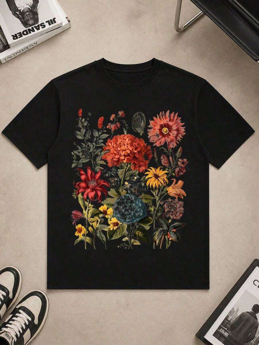Camiseta Casual Transpirable de Manga Corta para Mujer, Estampada con Motivos Botánicos y Florales Vintage, Camiseta Gráfica, Ropa de Verano, Camiseta Oversize, Streetwear Casual, Cuello Redondo, Algodón, Moda Verano, Conjuntos de Verano para Mujer, Camiseta Holgada, Atuendo Diario, playeras de mujer algodon,  mujer premium - Negro - Ver 1