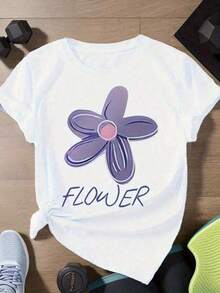 Camiseta Blanca Suave y Transpirable para Mujer - Top Casual de Cuello Redondo Holgado con Diseño de Flores Moradas, Adecuada para Uso Diario y Ocasiones Especiales, Ideal para el Hogar y Eventos, Lavable a Máquina, Tejido Moderno y Duradero, Camiseta Casual de Manga Corta con Cuello Redondo, Tejido Suave y Transpirable para Fiestas y Regalos. - Blanco - Ver 6