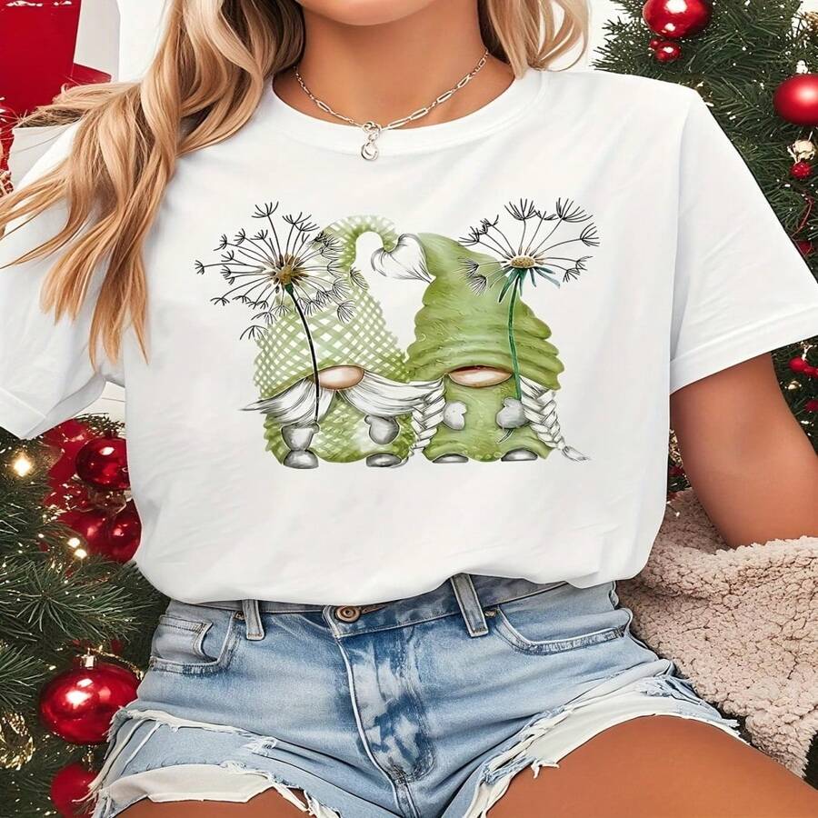 Women's Casual Cotton T-Shirt With A Round Neck And Short Sleeves, Featuring A Gnome Print. Comfortable, Very Stretchy, And With A Regular Fit. Sizes S-XXXL - 白色 - 查看 1