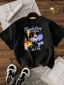 Women's 'Purple Rain' Graphic Print T-Shirt, Black And White Options, Casual Summer Tops, Women's T-Shirts, Summer Tops, Graphic T-Shirts, Summer Sets, Women's Crop Tops, Casual Blouses For Ladies - 黑色 - 查看 2