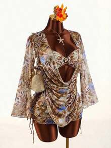 Conjunto de 3 piezas de traje de baño para mujer, top con escote pronunciado y manga larga sin espalda, falda con pliegues laterales y bikini, manga acampanada, adecuado para vacaciones y playa - Multicolor - Ver 2