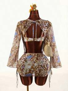 Conjunto de 3 piezas de traje de baño para mujer, top con escote pronunciado y manga larga sin espalda, falda con pliegues laterales y bikini, manga acampanada, adecuado para vacaciones y playa - Multicolor - Ver 4