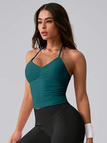 NcmRyu 1pc Women's Solid Color Adjustable Spaghetti Strap V-Neck Ruched Open Back Sports Tank Top - Army Green - View 9
