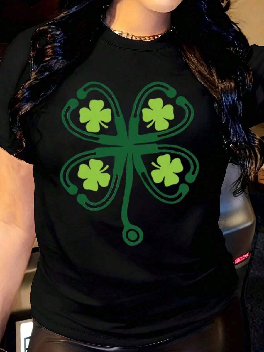 Women's T-Shirt With Green Leaf And White Bow Print, Casual Round Neck, Short Sleeve, Suitable For Everyday Outdoor Wear, Perfect For All Seasons. - 黑色 - 查看 1