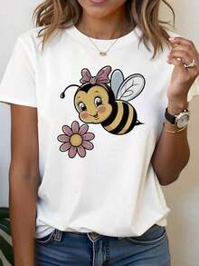 Camiseta de Mujer con Estampado de Abejas y Flores - Blusa de Manga Corta con Cuello Redondo - Top Compatible |   Conjuntos Casuales de Primavera-Verano, Ropa de Uso Diario con Temática de Abejas, Adecuada para Estilismo Diario, Salidas, Picnics y Regalos - Blanco - Ver 7
