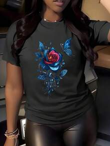 Camiseta Deportiva Casual para Mujer con Diseño de Rosa y Mariposa - Camiseta Negra Elástica y de Cuello Redondo, Lavable aáquina, Ajuste Cómodo para Todas las Estaciones, para Combinar con Pantalones de Cuero. - Negro - Ver 1