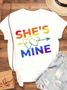 "She's Mine Rainbow Pride" T-Shirt For Women, Love Declaration T-Shirt For Lesbian Couples, Valentine's Day Gift, Gay Pride Festival, 220g - Urban Vintage Style, Unisex, Loose Cotton Short Sleeve T-Shirt With Round Neck, 100% Cotton - 白色 - 查看 4