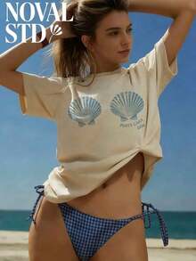 1 PcsNOVAL Best Selling 2026, Women's Summer Shell Bikini Shells Printed Graphic Tee Casual Vacation Style Loose Multifunctional Round-Neck 100% Cotton Short-Sleeve T-Shirt, Fashionable Everyday Top, Summer Outfits For Women.180g Cotton 100% - 杏子 2 - 查看 2