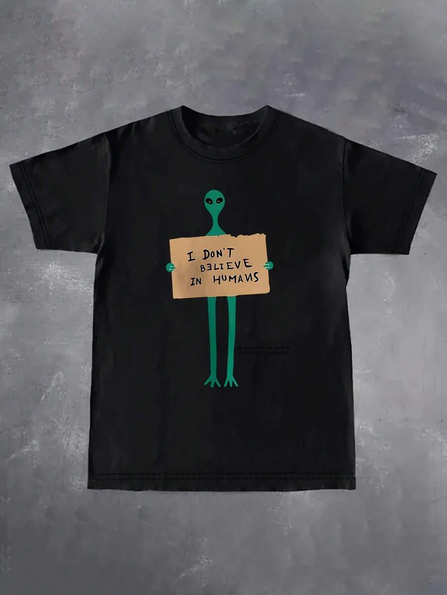 Short-Sleeved T-Shirt With A Fun Alien Print, Round Neck, And Regular Fit. Casual Spring/Summer Fashion For Women. Lightweight And Breathable Fabric. Ideal As A Gift For A Daughter, Sister, For Birthdays, Best Friend, Mom, Or Family. - 黑色 - 查看 1