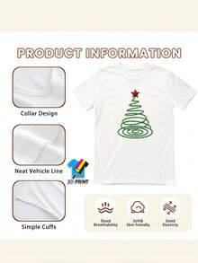 Women's T-Shirt: One Piece Of Women's Casual T-Shirt With A Minimalist Spiral Green Christmas Tree Print And Bright Red Star Decorations, Perfect For Holiday Parties, Family Gatherings, And Everyday Casual Wear. Available In Various Colors And Sizes. Women's T-Shirts. - 白色 - 查看 5