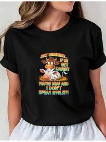 Camiseta Estampada para Mujer con Gráfico de Vaca de Caricatura y Texto Colorido - Camiseta Casual de Manga Corta y Cuello Redondo, Corte Relajado para Todas las Estaciones, Perfecta para Uso Diario y Vacaciones (Lavable aáquina) en Color Negro. - Negro - Ver 6