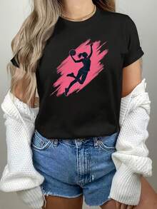 Basketball Graphic Print T-Shirt | Women's Casual Short Sleeve Crew Neck Top, Ideal For Spring/Summer, Modern And Vintage Style - 黑色 - 查看 1