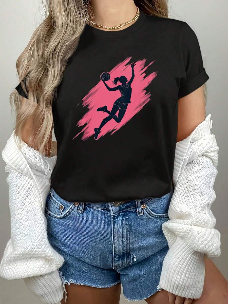 Basketball Graphic Print T-Shirt | Women's Casual Short Sleeve Crew Neck Top, Ideal For Spring/Summer, Modern And Vintage Style - 黑色 - 查看 1