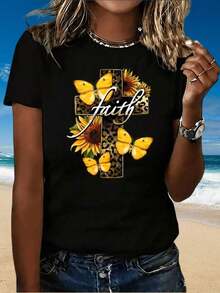 Women's Bohemian Faith T-Shirt With Cross, Leopard, Butterfly And Sunflower Print, Casual Summer Beach Top, White, Cotton - 黑色 - 查看 5