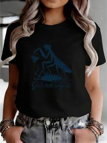 Limited Time Offer, Limited Quantities, Flash ! Women's Casual Shirts, Women's Polyester T-Shirts, Stylish Shirts. T-Shirt With A Praying Mantis Illustration And "Will Be" Print, Versatile Summer Casual Wear For Women, Short Sleeves, Crew Neck, Comfortable Fabric - 黑色 - 查看 1