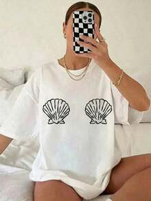 1 pieza Camiseta de Mujer con Estampado de Conchas - Corte Holgado, Hombros Caídos, Diseño de Conchas Rosa Suave - Camiseta Transpirable para Uso Diario y Playa - Blusa Casual Lavable a Máquina, Ropa de Verano, Camiseta con Diseño Divertido, Blusa Elegante, para Adultos, 180g Algodón 100% - Blanco - Ver 1