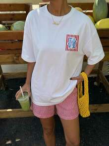 Women's Oversized T-Shirt With Pink And Red Striped Slogan Print, Casual Summer Holiday Style, Loose Fit, Round Neck, Short Sleeve, Comfortable - 白色 3 - 查看 4