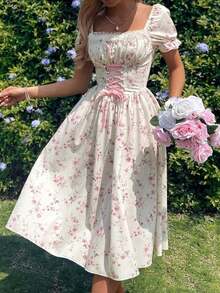 xheGlamine Vestido con cuello de volantes, mangas abullonadas, cintura con lazo y estampado de flores diminutas en patchwork, con estilo francés elegante para vacacionesxhe - Multicolor - Ver 8