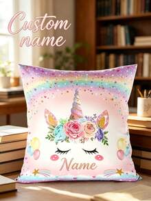 Custom Unicorn Pillow Case 1Pc Watercolor Floral Glitter Star Heart Personalized Name Cushion Cover Soft Polyester Kids Girl Bedroom Sofa Car Decor - Multicolor - View 3