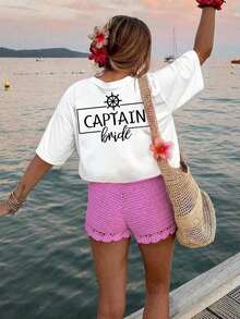 Camiseta vintage retro estampada de corte holgado, de manga corta, con estampados en la parte delantera y trasera - "La Novia del Capitán", con un estampado de moda de temática náutica - Una camiseta para mujer para primavera y verano, perfecta para citas de fin de semana, reuniones y viajes. Transpirable y cómoda. - Blanco - Ver 3